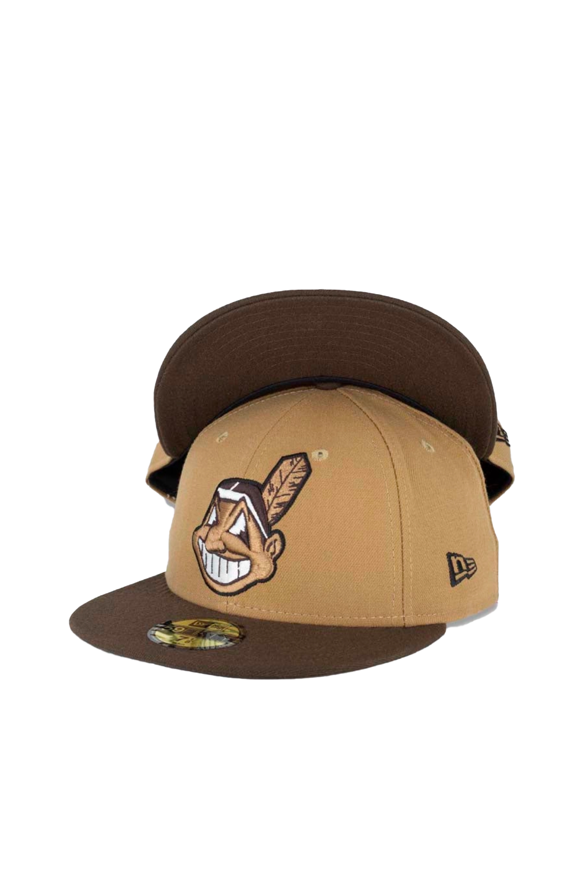 Cleveland Indians New Era MLB 59FIFTY 5950 Fitted Cap Hat Khaki/Beige Crown Brown Visor Beige/Brown/White Chief Wahoo Logo