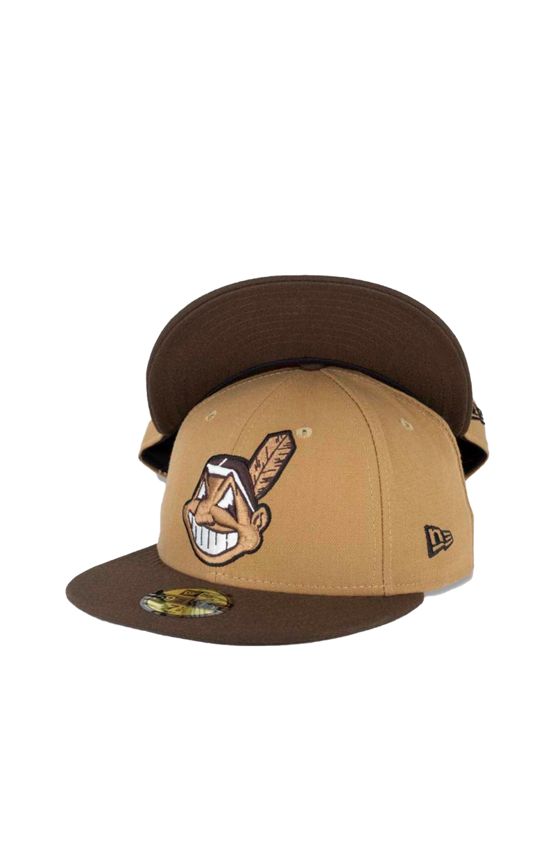 Cleveland Indians New Era MLB 59FIFTY 5950 Fitted Cap Hat Khaki/Beige Crown Brown Visor Beige/Brown/White Chief Wahoo Logo